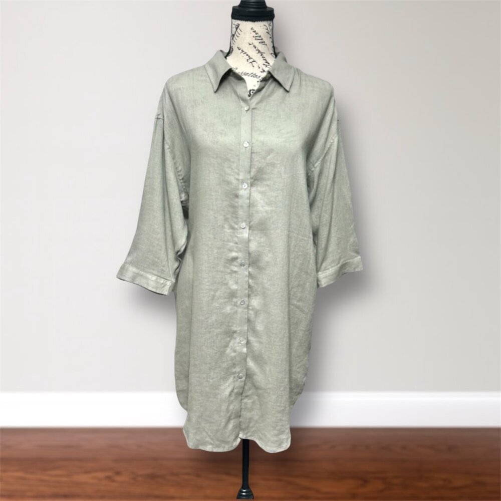 Tahari Linen Blend Shirt Mini Dress 3/4 Sleeve Sage‎ Green Minimalist Preppy L